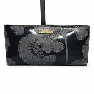 Kate Spade Black Patent Leather Floral Embossed Zip Around Wallet